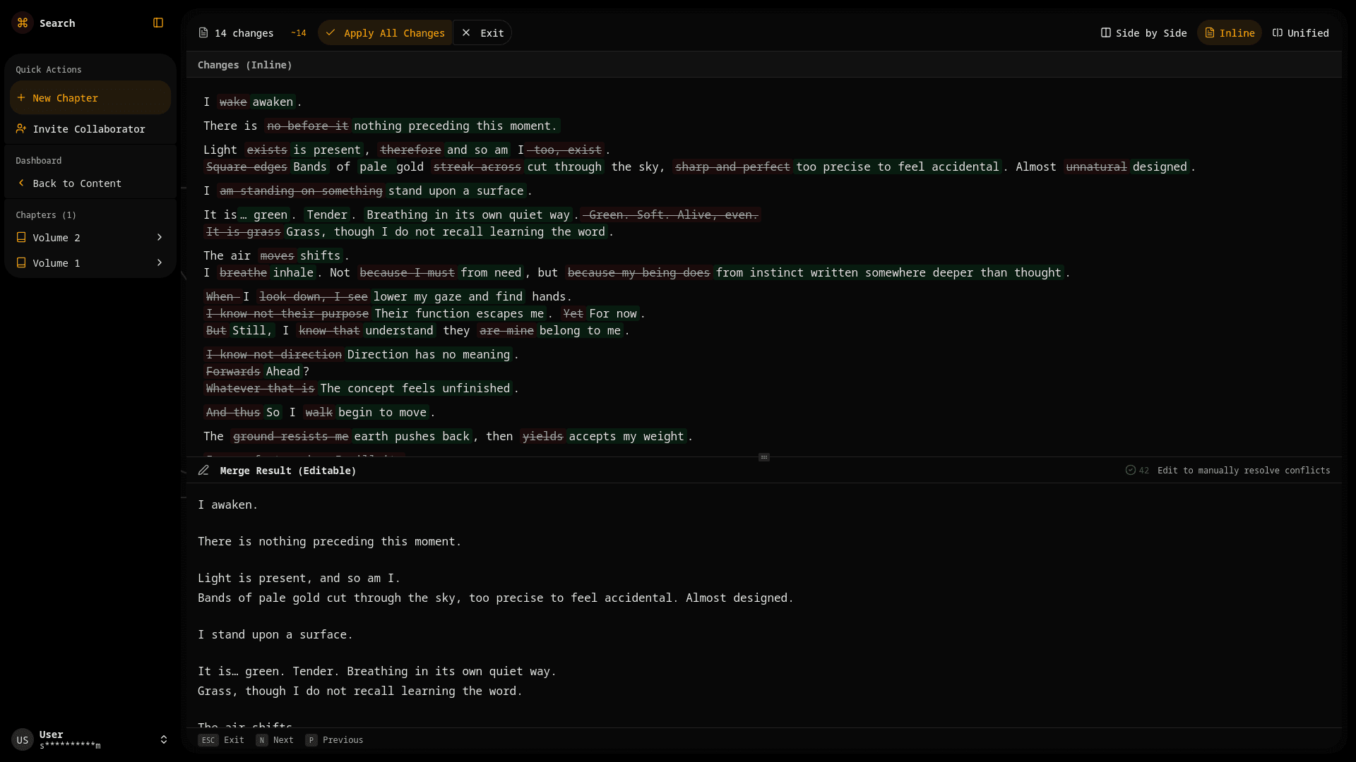 Chapter-level version control in Novus Atlas displaying inline draft comparison and merge tools